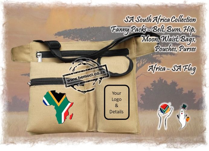 South African Flag Fanny Packs, Belt Bum Hip Waist Moon Bags, Packs, Pouches and Purses, Cotton Canvas, Design Africa, Customized and Personalized to your specifications